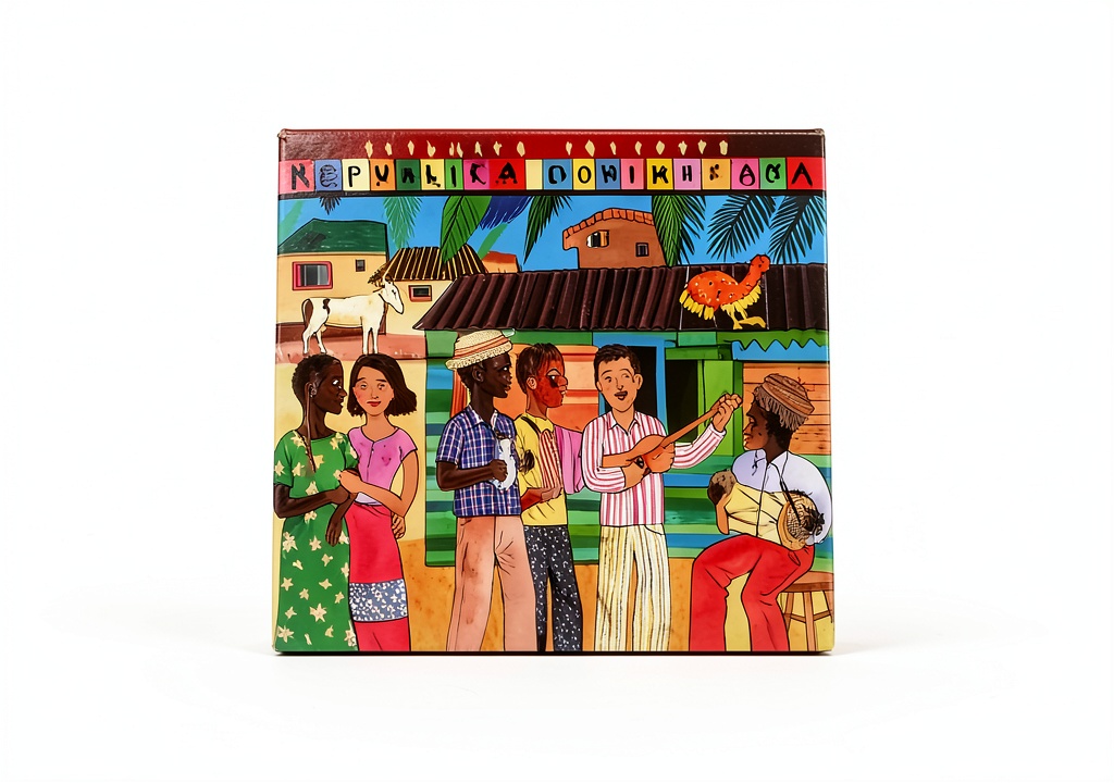 Installing Putumayo World Music Merengue Salsa CD Spanish Compilation 2006 on a wooden desk